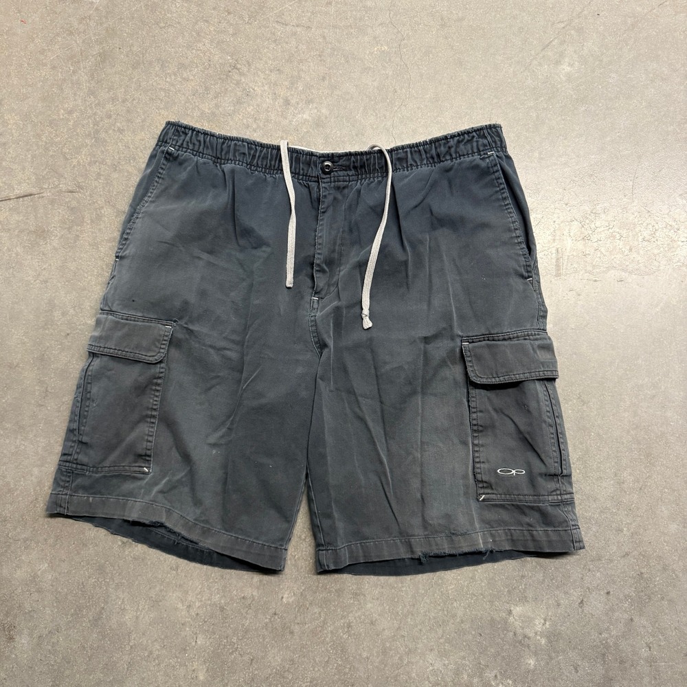 OP Ocean Pacific Mens Cargo Shorts Black Faded Elastic Waist Drawstring Size L